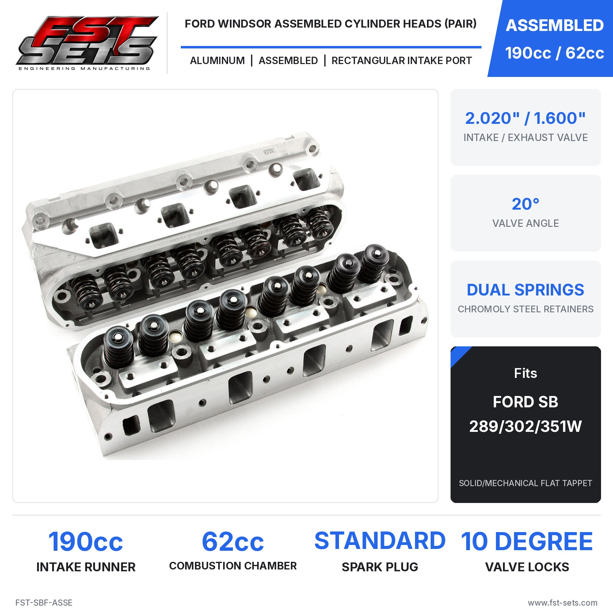 Ford SBF 289/302/351W Assembled Heads (Pair) 190cc 62cc Solid FT