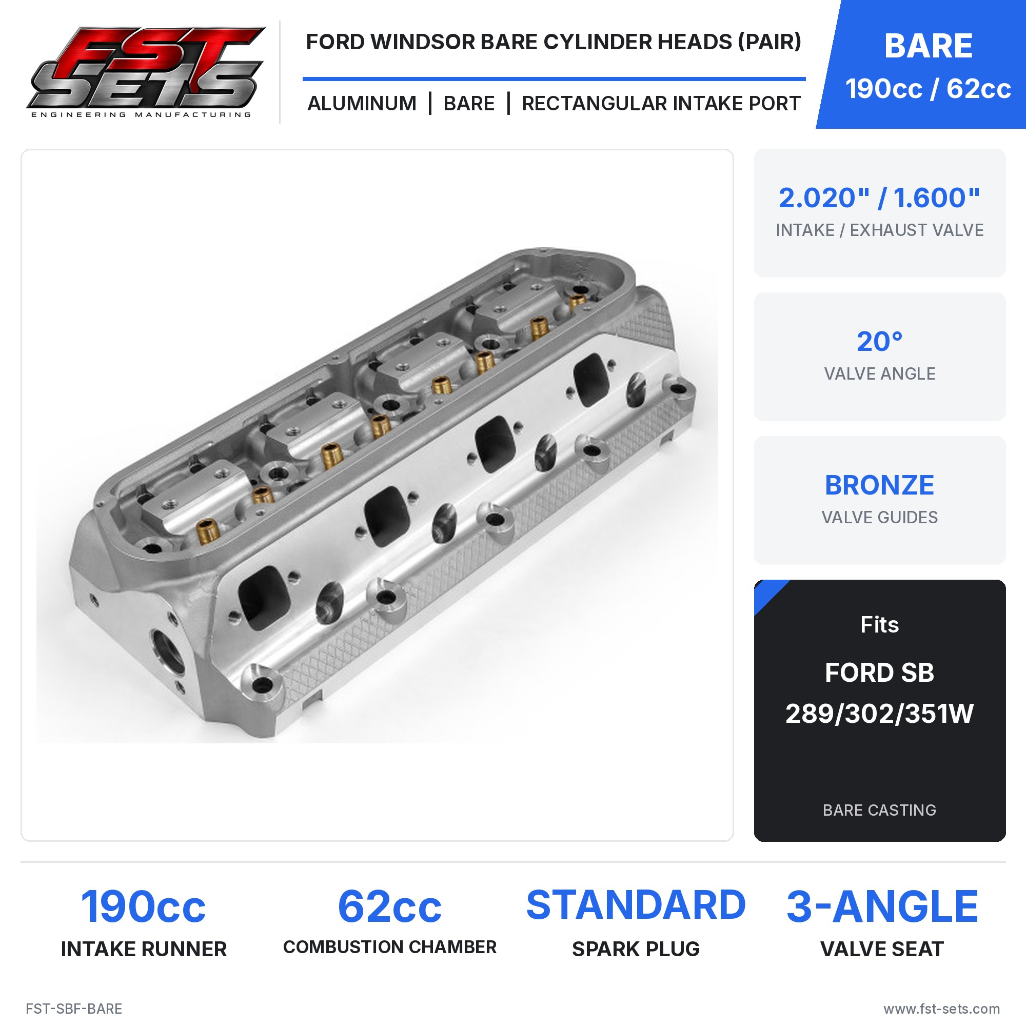 Ford SB 289/302/351W Aluminum Bare Cylinder Heads (Pair) 190cc 62cc