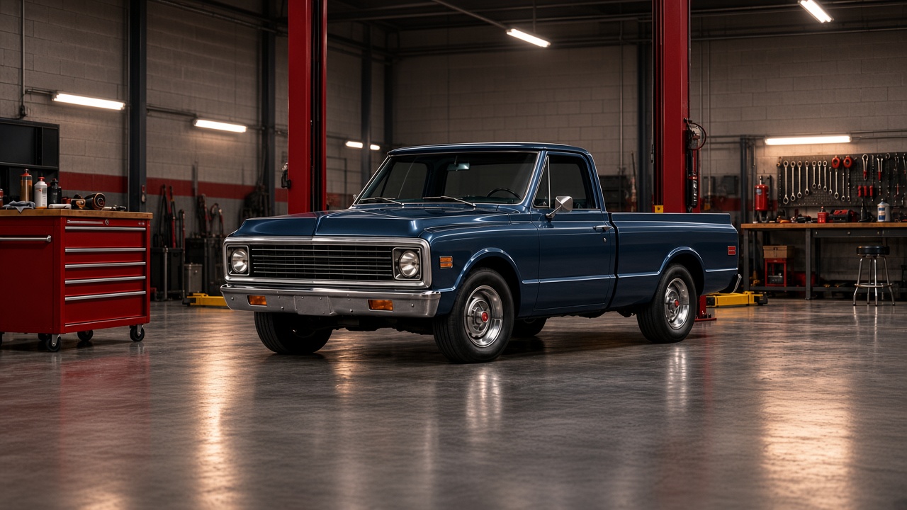 C10 truck in garage